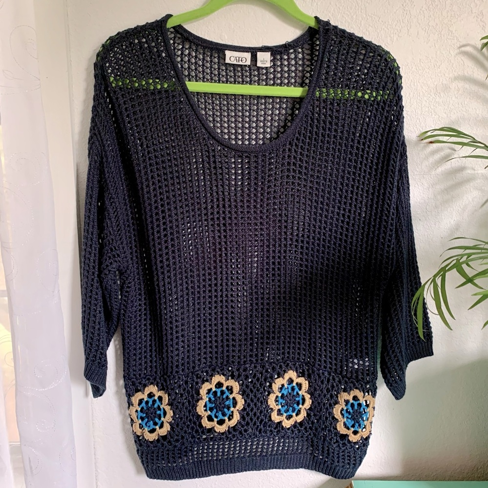 Navy Cato Crochet Sweater with Flowers